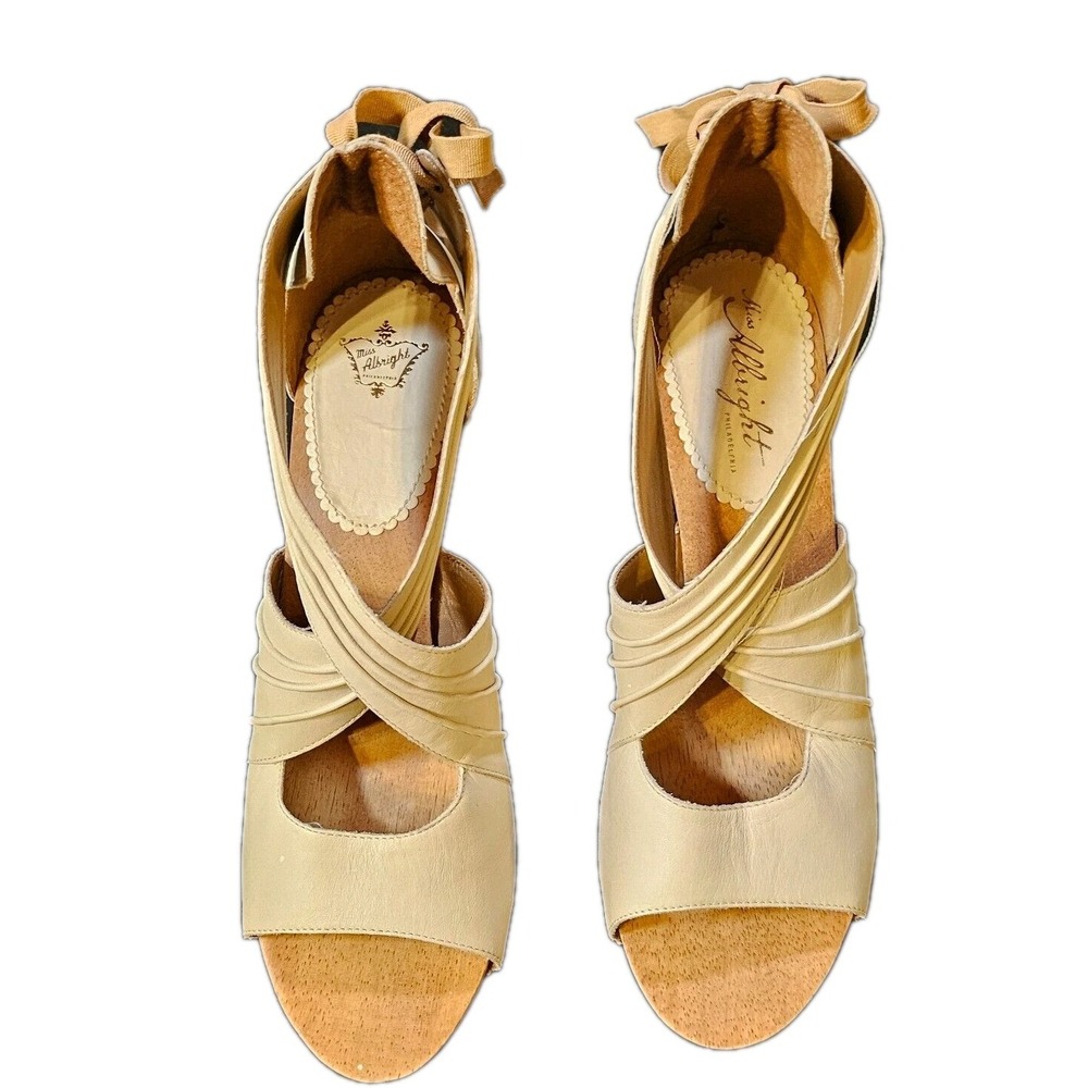 Anthropologie Miss Albright Leather Ruched Corset Tie Back Sandals Cream 9B